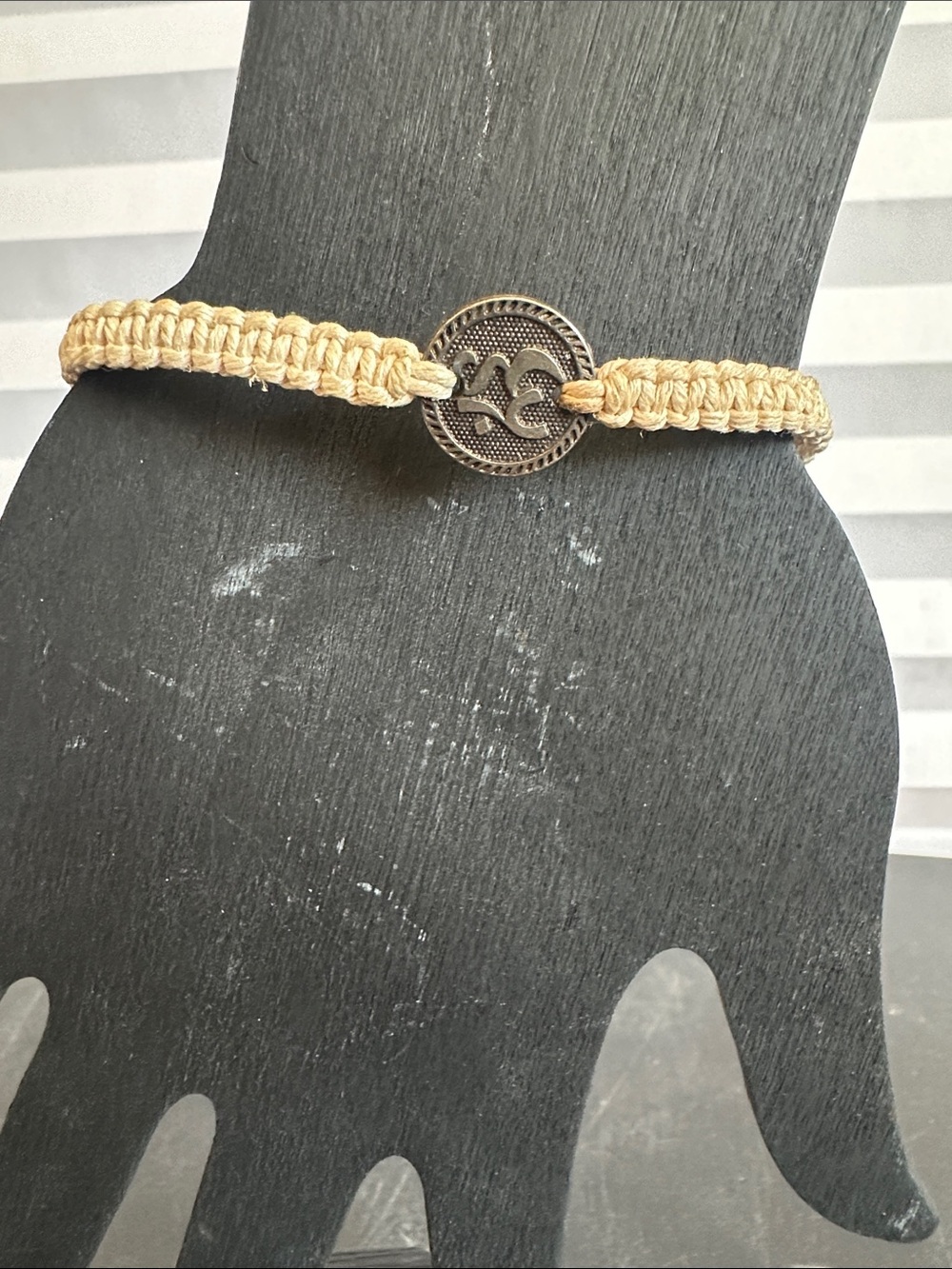 Beige Woven Om Charm Bracelet Boho Cord Knotted Yoga Meditation Spiritual